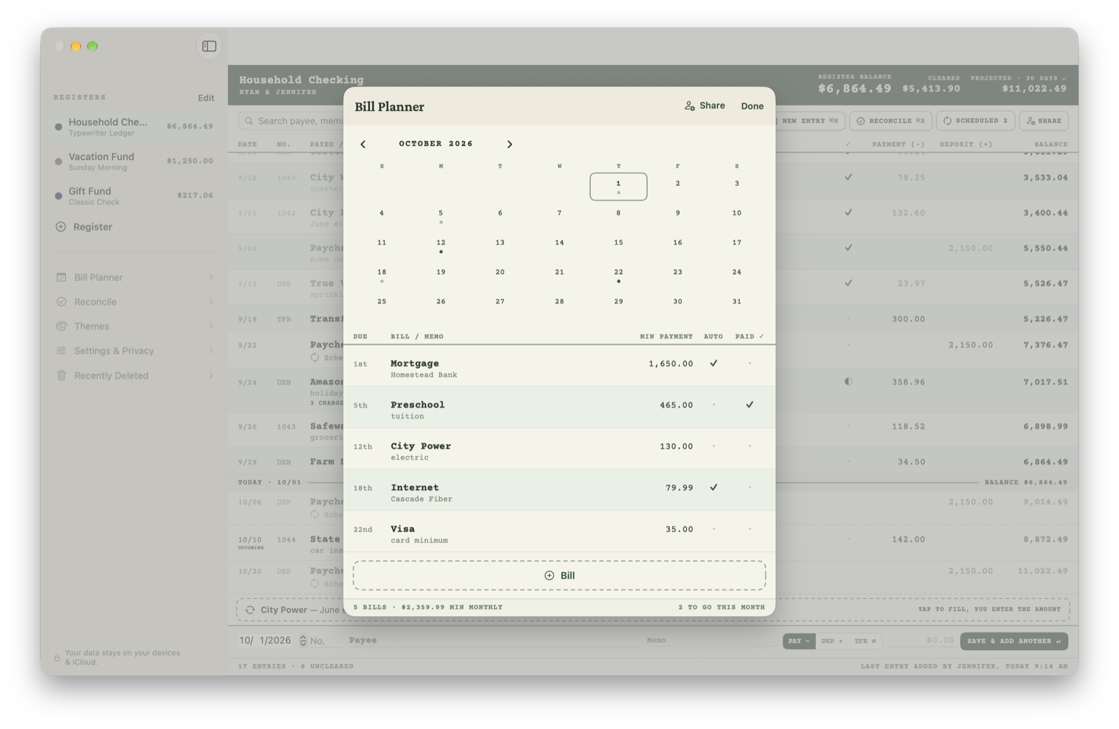 The Bill Planner on the Mac: a month calendar of due dates above a list of bills with minimum payments