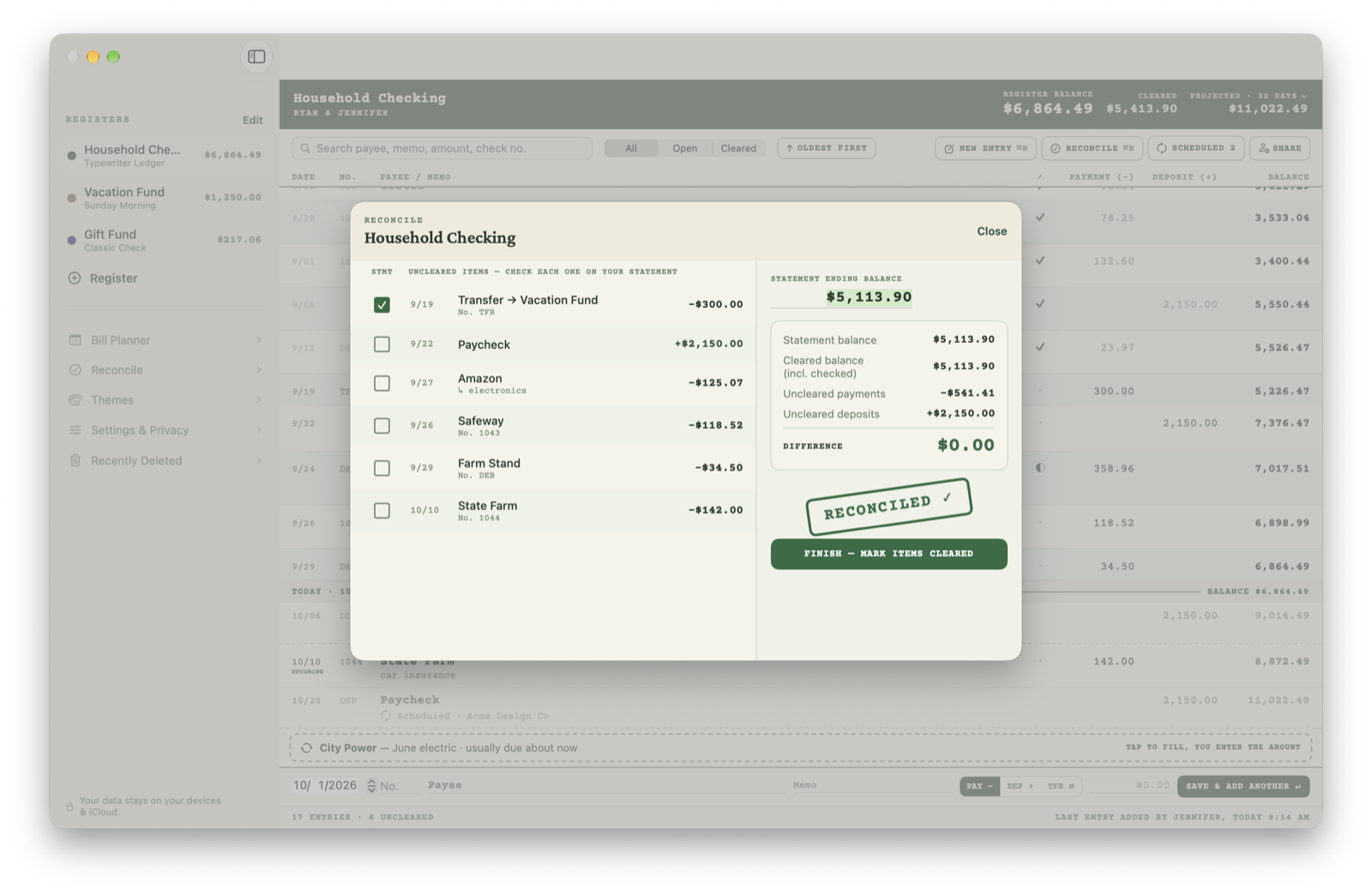 Reconciling Household Checking on the Mac: uncleared items on the left, the statement balance and a $0.00 difference on the right