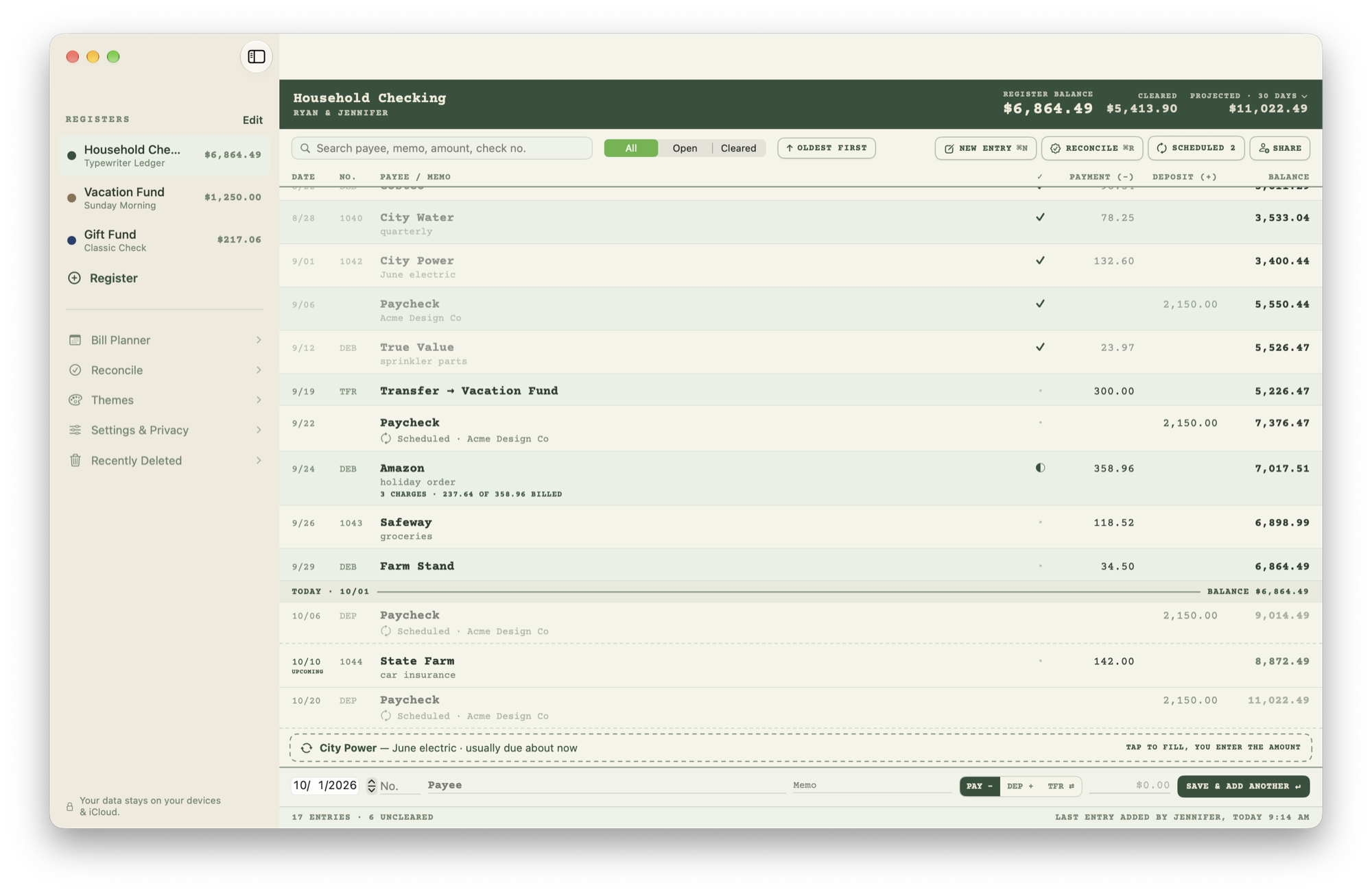 Simple Register on the Mac: the Household Checking register with today's balance, the cleared and projected balances, and upcoming entries below a TODAY line