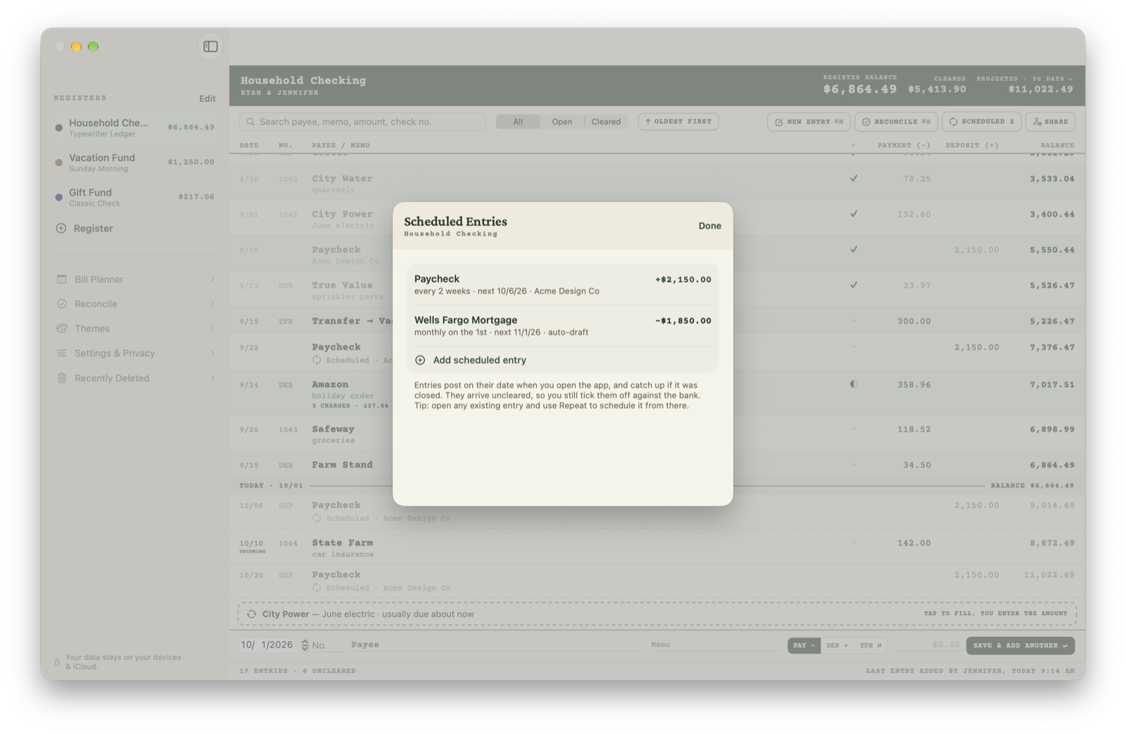 Scheduled Entries on the Mac: a biweekly paycheck and a monthly mortgage