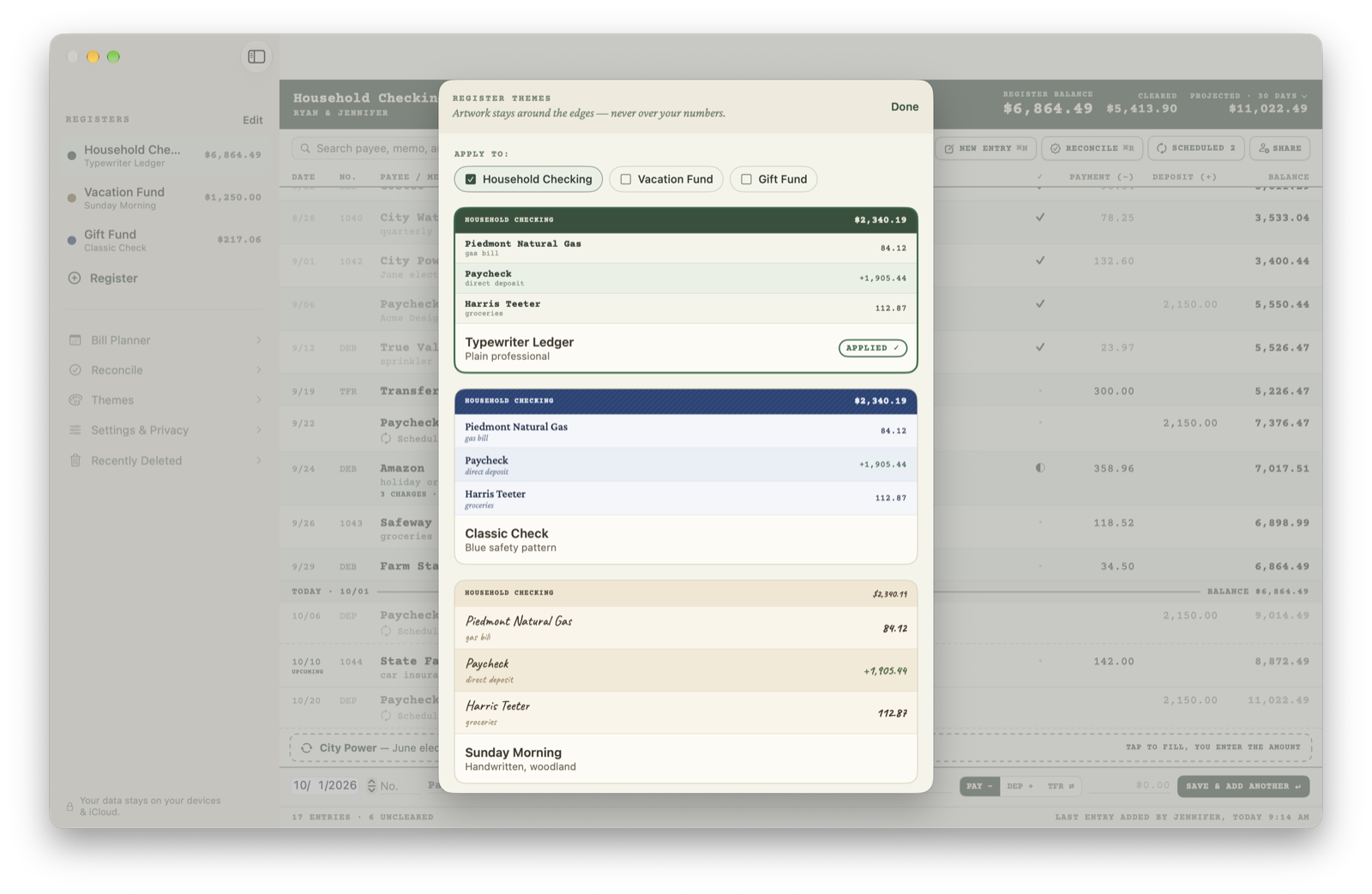 Register themes on the Mac: Typewriter Ledger, Classic Check and Sunday Morning