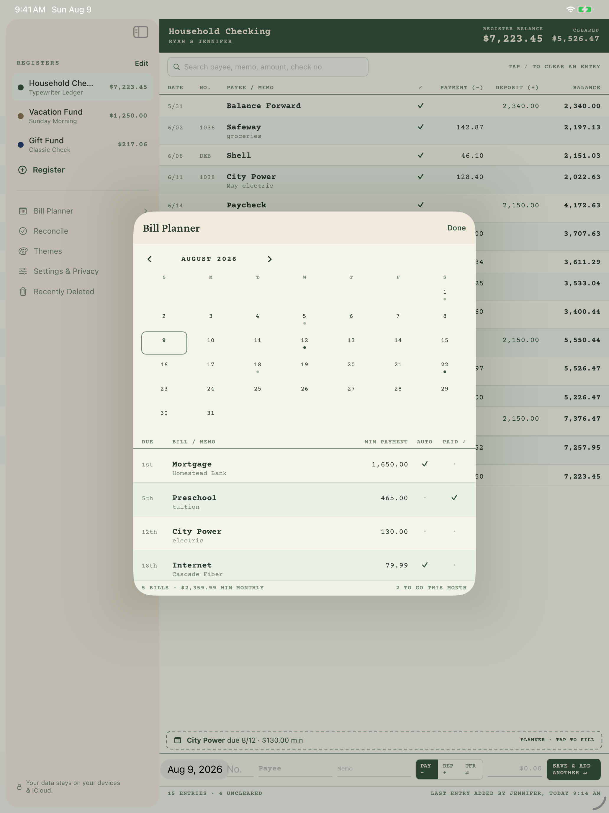 The Bill Planner on iPad — bills and the month calendar side by side