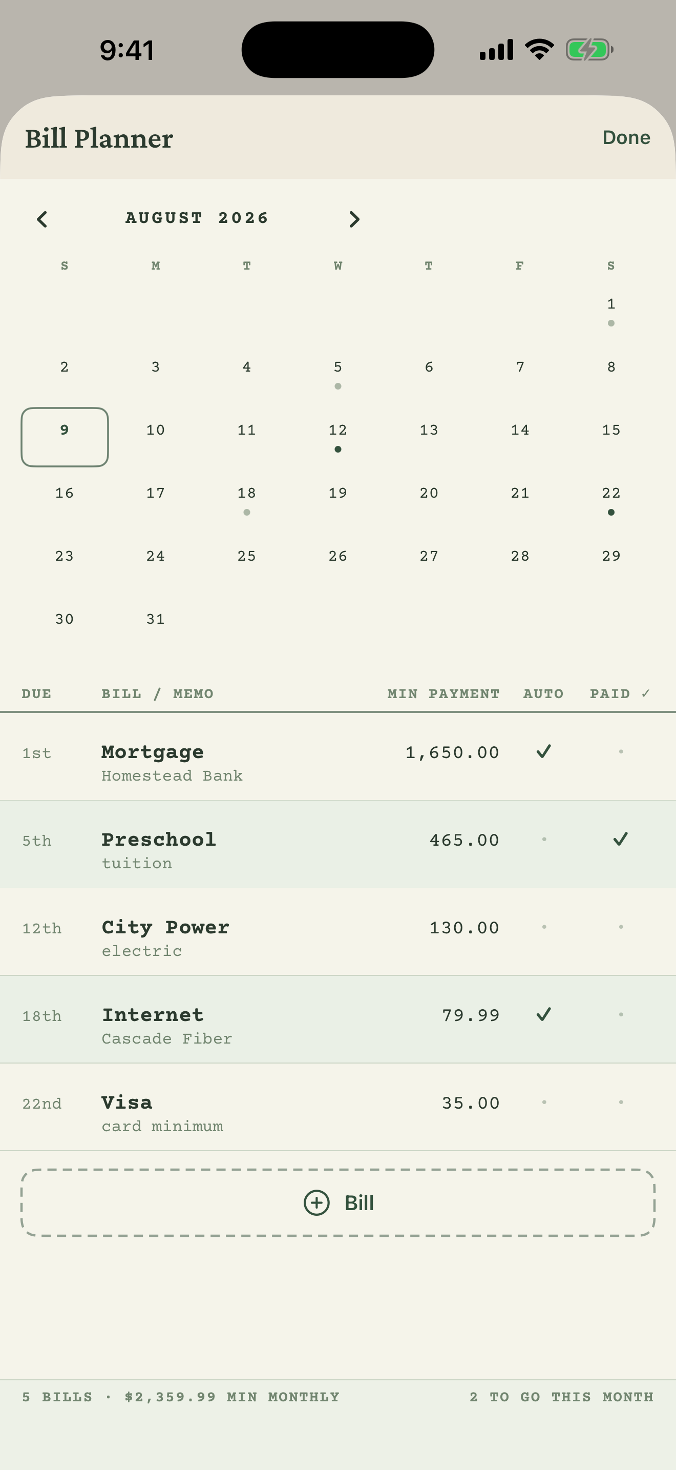 The Bill Planner on iPhone — a month calendar of due dates with bills checked off as paid