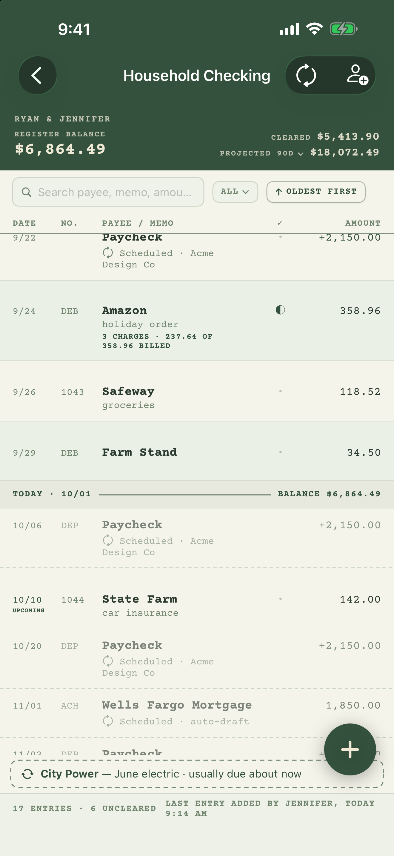 Simple Register 2.0 on iPhone — today's balance, a 90-day projected balance, and upcoming entries below a TODAY line