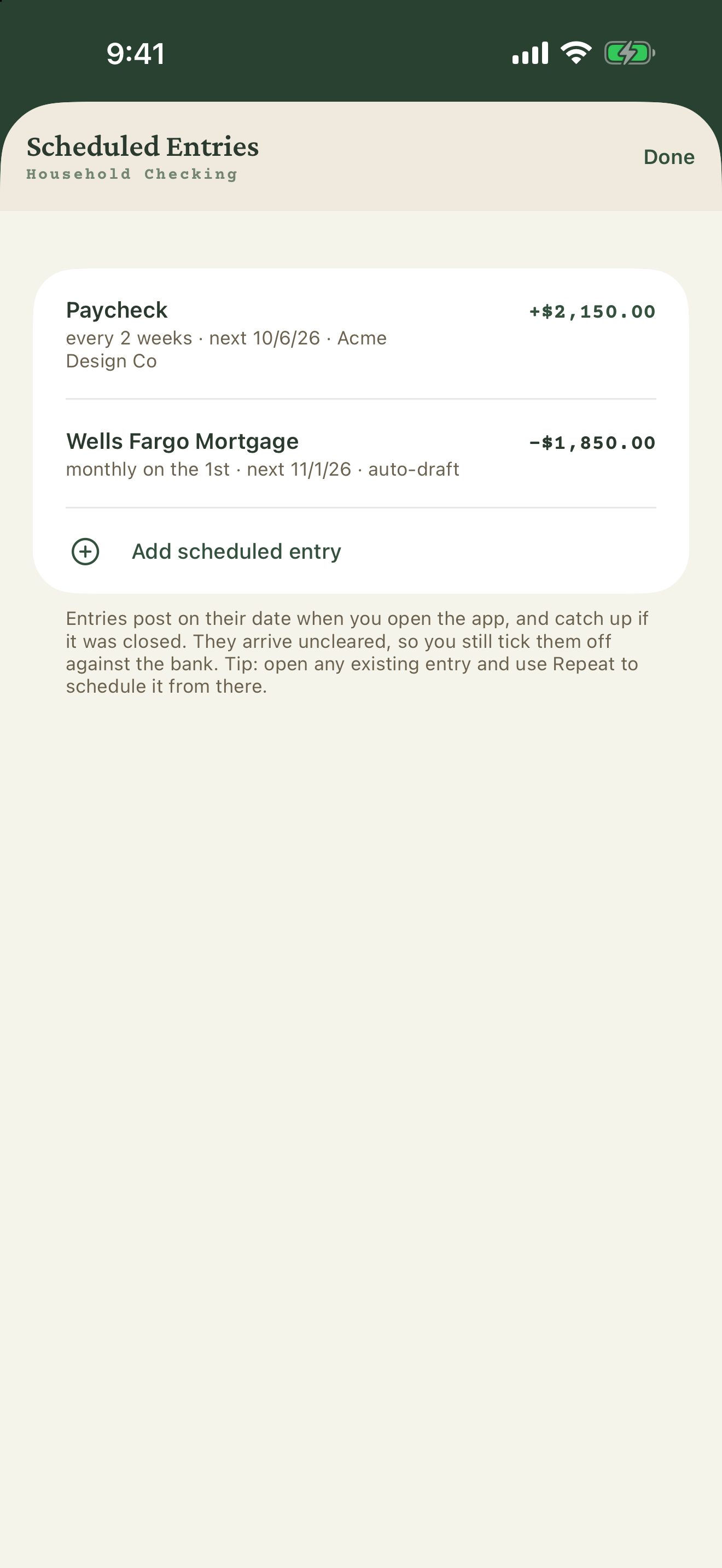 Simple Register 2.0 on iPhone — the Scheduled Entries list with a paycheck and a mortgage